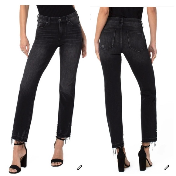 Liverpool Jeans Company Denim - Liverpool Black Sadie Straight Jeans Destructed Let Down Hem Size 12/31 Cavalier